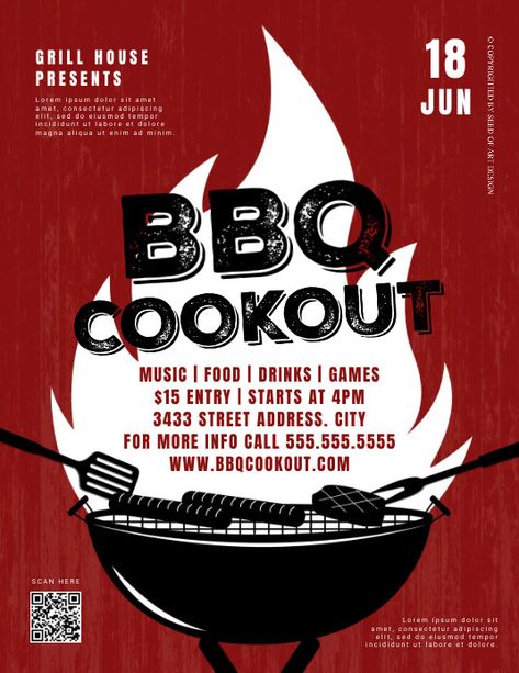 Red Illustrative BBQ Cookout Grill Fire Flame Event Flyer, bbq cookout event flyer template, hot dog, meat, steak, red, cooking event, barbeque event flyer, advertisement, marketing, grille, bar, event, restaurant cookout, family cookout, summer event cookout, modern, fun, get together cookout event. Bbq Poster Design Ideas, Cookout Photography, Grill Illustration, Cookout Flyer, Cafe Content, Bbq Poster, Bbq Flyer, Barbeque Design, Family Cookout