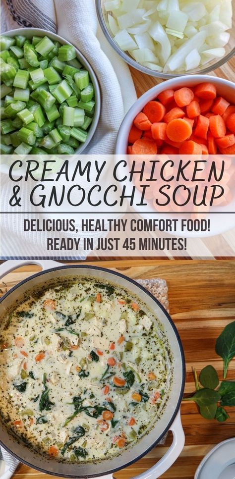 Low Calorie Chicken Gnocchi Soup, Savory Low Calorie Meals, Low Calorie Comfort Food, Carrot And Celery Recipes, Creamy Chicken Gnocchi Soup, Creamy Chicken Gnocchi, Spring Soup Recipes, Healthy Low Calorie Dinner, Vegetables Soup