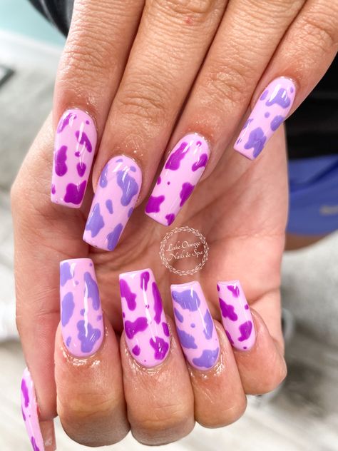 Fun Cow Print Nails, Rainbow Cow Print Nails, Purple Cow Nails, Purple Cow Print Nails, Mismatch Nails, Purple Cow Print, Mismatched Nails, Cow Print Nails, Future Nails