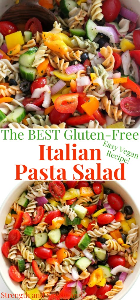 gluten-free Italian pasta salad Pasta Salad Recipes Healthy Easy, Salad With Pasta In It, Italian Pasta Salad Vegetarian, Gluten Free Lunches Easy, Gluten Free Vegetarian Potluck Recipes, Gluten Free Vegan Potluck Recipes, Gluten Free Lunch Snacks, Easy Dairy Free Potluck Recipes, Potluck Dishes Dairy Free