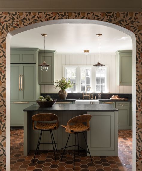 N28 Tudor - Traditional - Kitchen - Seattle - by Heidi Caillier Design | Houzz Heidi Caillier Dining Room, Tudor House Kitchen, Modern Tudor Kitchen, Tudor Interior, Modern Tudor Interiors, Terra Cotta Floor Tile, Tudor Kitchen, Green Cabinets, Tudor House