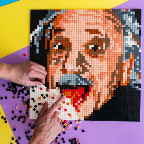 LEGO-like mosaic portraits and any pictures by SelfieMosaic. Albert Einstein Portrait. LEGO-like mosaic is amazing crafts project for kids and adults. This puzzle pictures will be a creative wall decor in bedroom, living room, children's room or kitchen Albert Einstein Portrait, Einstein Portrait, Wall Decor In Bedroom, Lego Portrait, Lego Diy Crafts, Puzzle Pictures, Lego Mosaic, Lego Wall, Mosaic Portrait