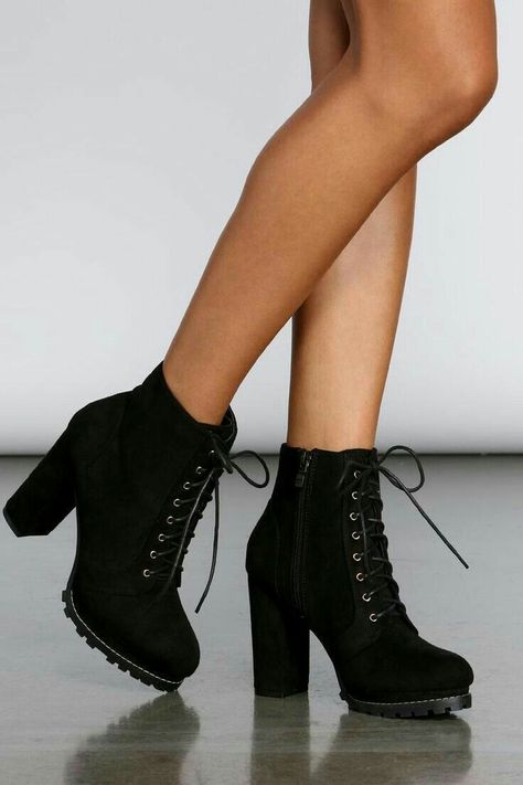 Lace Up Heel Boots, Dr Shoes, Cute Shoes Heels, Shoes Heels Classy, Black Heel Boots, Girly Shoes, Suede Leather Boots, High Heel Boots Ankle, Fashion Heels