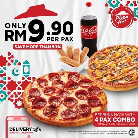 Enjoy a delicious and affordable Berbuka Puasa with Pizza Hut's 4 Pax Combo! Get 2 Regular Pizzas, 1 Side, and 1 Drink for just RM39.60 (save over 50%). Don't miss out on this amazing deal! Berbuka Puasa, Pizza Hut, Pizza Toppings, Pizza