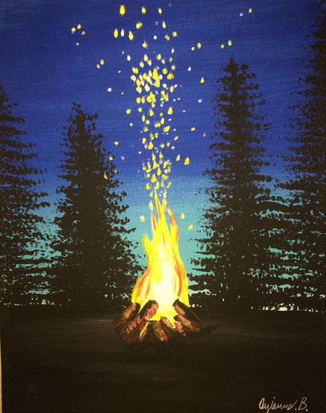 Campfire Painting Easy, Hiking Painting Easy, Camp Painting Ideas, Fire Pit Painting, Camping Canvas Painting Ideas, Camping Painting Ideas, Camping Painting Easy, Outdoor Painting Ideas, Camping Paintings