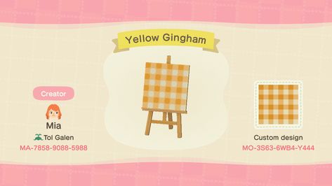 Animal Crossing Gingham Pattern, Gingham Acnh Code, Animal Crossing Yellow Design, Acnh Gingham Pattern, Yellow Acnh Codes, Acnh Yellow Designs, Animal Crossing Yellow, Acnh Yellow, Acnh Home Ideas