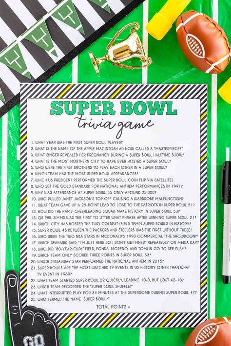 This Super Bowl trivia game is perfect for your next Super Bowl party! 50 different questions and answers that are free to print! Super Bowl Party Games, Super Bowl Trivia, Super Bowl Activities, Name That Tune Game, Super Bowl Bingo, Superbowl Squares, Superbowl Party Games, Superbowl Game, Name That Tune