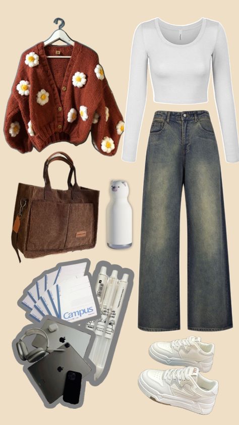 Cozy autumn school outfit featuring a brown floral jacket, comfy white sneakers, and a large stylish brown handbag, perfect for carrying all your essentials while staying fashionable. Student Outfit University, School Outfits University, Outfit For Students, Student Outfit, School Look, Autumn Fits, School Looks, Brown Handbag, Floral Jacket