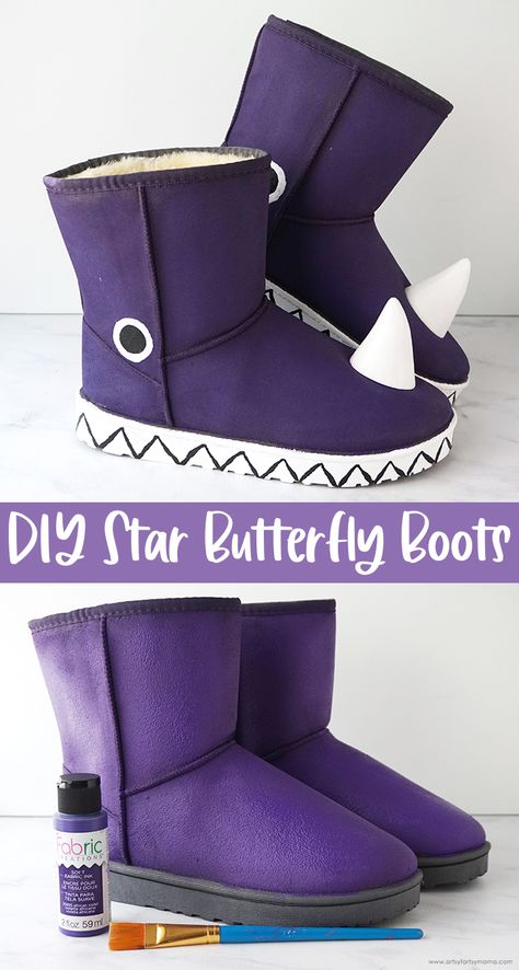 DIY Star Butterfly Boots #cosplay #starbutterfly #costume #halloween #kidsfashion #fashion #diyfashion #starvstheforcesofevil #svtfoe #halloweencostume #diycosplay #diycostume #plaidfx Star Butterfly Halloween Costume, Star Butterfly Cosplay Diy, Svtfoe Cosplay, Star Butterfly Costume, Star Butterfly Cosplay, Diy Butterfly Costume, Star Butterfly Outfits, Butterfly Boots, Butterfly Halloween