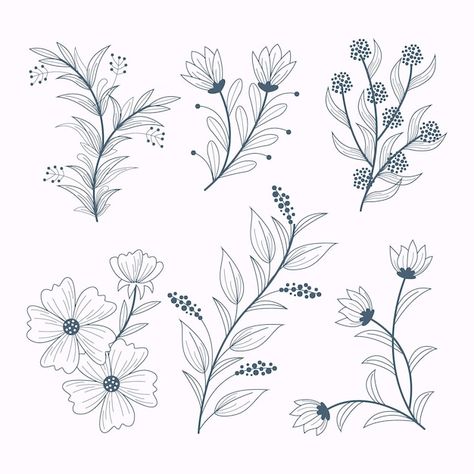 Filler Flowers Drawing, Flowers Vector Illustration, Floral Illustrations Botanical, Line Drawn Flowers, Botanical Doodles, Flower Vector Illustration, Leaves Drawing, Digital Art Software, Flower Svg Files