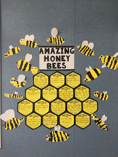 Honey bee info written on hexagons and collage bees. The kids loved it! I got the idea from the website on the following link. Bee Theme Crafts, Bee Art For Kids, Bee Inquiry, Bee Project, Bee Craft, Bee Crafts For Kids, Bee Themed Classroom, Bee Activities, Bee Classroom