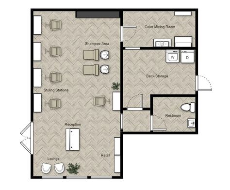 Salon Station Divider Ideas, Salon Layout Plan, Salon Interior Layout Plan, Business Floor Plans Layout, Hair Salon Blueprint Layout, Small Salon Layout Floor Plans, 900 Sq Ft Salon Layout, Small Salon Floor Plan, Beauty Salon Layout Ideas Floor Plans