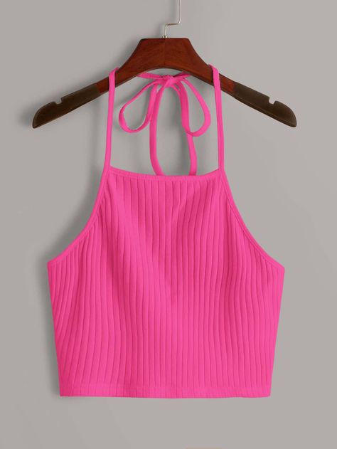 Neon Pink Tops, Backless Halter Top, Womens Halter Tops, Women Tank Tops, Pink Crop Top, Crop Top Outfits, Halter Tops, Halter Crop Top, Moda Vintage