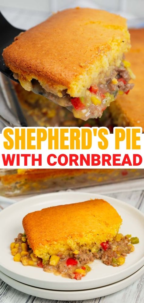 Shepherd's Pie with Cornbread is a Tex-Mex twist on a classic dish using Jiffy corn muffin mix, diced red and green peppers, corn, ground beef, instant mashed potatoes and chopped green onions. Ground Beef And Cornbread Recipes, Jiffy Recipes, Red And Green Peppers, Jiffy Cornbread Recipes, Easy Cornbread Recipe, Smothered Pork Chops Recipe, Cornbread Recipes, Corn Muffin, Hamburger Dishes