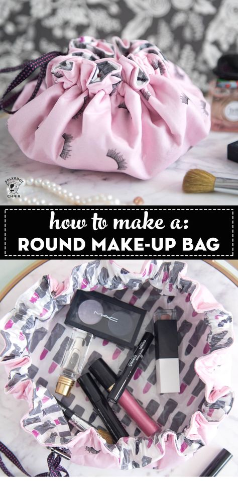 7 Simple and Cute Small Sewing Projects | Polka Dot Chair Drawstring Bag Tutorials, Round Makeup, Diy Sy, Polka Dot Chair, Cute Makeup Bags, Small Sewing, Sew Ins, Beginner Sewing Projects Easy, Bag Sewing