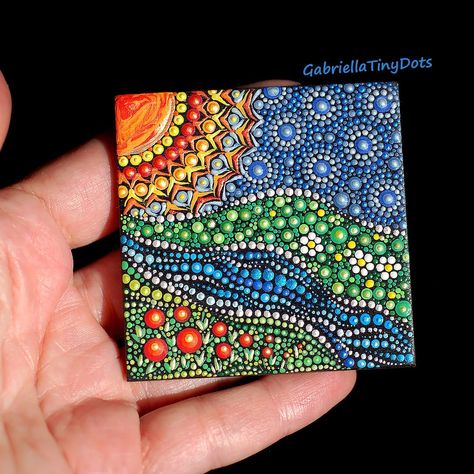 Dot painting by Gabriella’s Instagram profile post: “Tiny wooden piece 6 cm, and hundreds of tiny teeeeny dots )) . . . #landscapes #landscape #abstractpainting #abstractlandscape #scenery…” Dot Painting Landscape, Abstract Dot Painting, Paint Landscape, Dot Patterns, Mandala Painted Rocks, Coaster Art, Mandala Rock Art, Mandala Rocks, Aprons Patterns