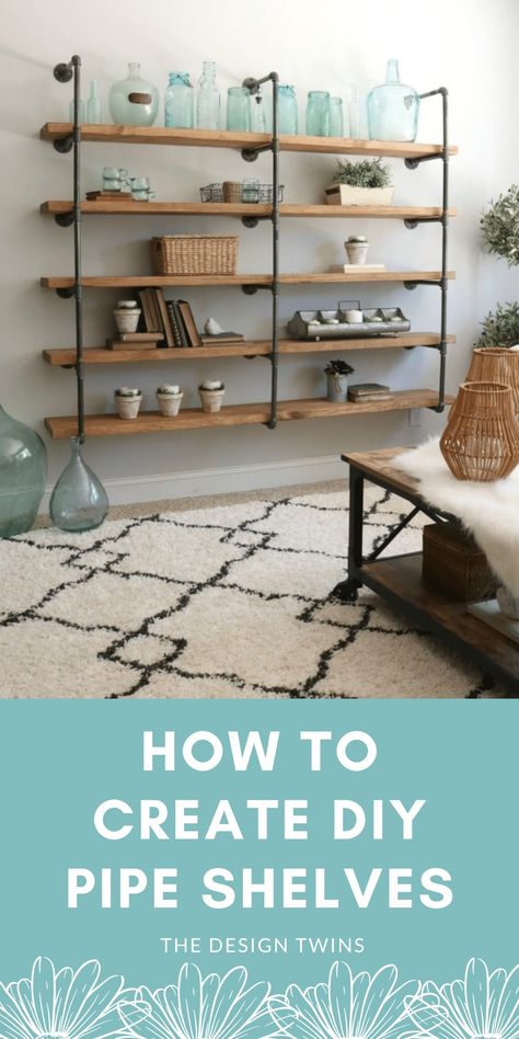 DIY Industrial Pipe Shelves are an easy weekend project that requires no special skills. Here is a budget-friendly step-by-step guide to making your own. Pipe Bookshelf, Regal Industrial, Diy Pipe Shelves, Pipe Shelving, Easy Weekend Projects, Industrial Home Design, Industrial Pipe Shelves, Diy Pipe, Pipe Shelves