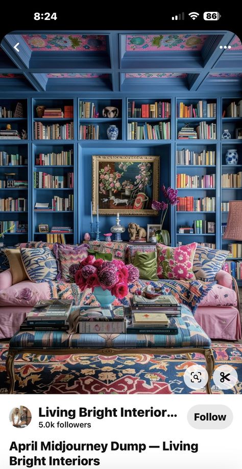 Dark Purple Library, Bright Library Aesthetic, Jewel Tone Library, Indian Library, Library Murals, Colorful Library, Bunker House, Bunker Home, Eclectic Aesthetic