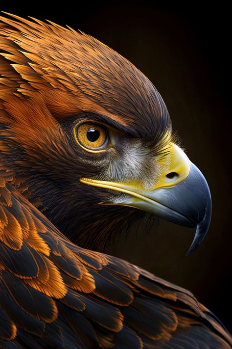 A side profile of a golden eagle bird head using digital art. Cool Birds Of Prey, Real Phoenix Bird, Golden Eagle Art, Eagle Portrait, Phoenix Bird Art, Persian Warrior, Bird Head, Golden Bird, Forest Drawing