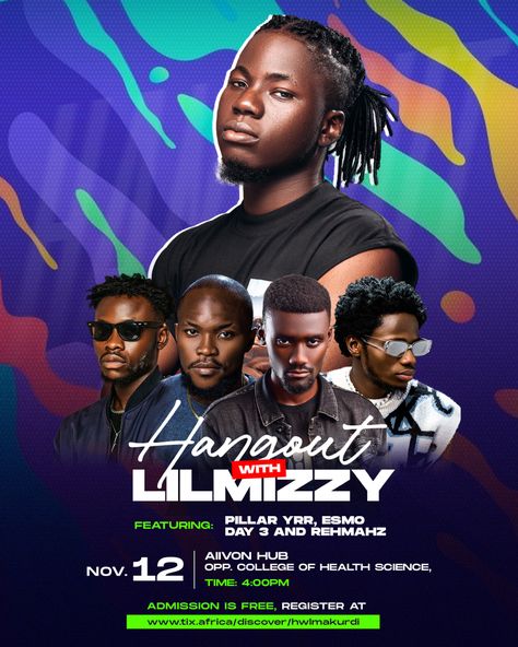 Hangout With Lilmizzy Concert Flyer Design, Tiger Bar, Musical Artist, Church Backgrounds, Random Designs, Flyers Design, Concert Flyer, Easy Cartoon Drawings, Church Poster Design