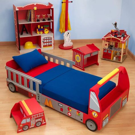 Tatütata!!! wanna be a firefighter? Loving this kidsbed and decoration . KidKraft Fire Truck Toddler Bed. #kidsroom #kids #style #home #decor #bed #toddlers #affiliate Fire Truck Bed, Truck Toddler Bed, Firefighter Bedroom, Firetruck Bed, Kids Car Bed, Kids Storage Furniture, Toddler Bed Boy, Boy Toddler Bedroom, Car Bed