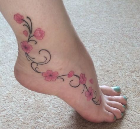 Cherry Blossom Foot Tattoo, Cherry Blossom Tattoo Women, Tattoo Artist Tattoo, Tattoo Designer, Flower Tattoo Ideas, Henna Inspired Tattoos, Anklet Tattoos, Foot Tattoos For Women, Wicked Tattoos