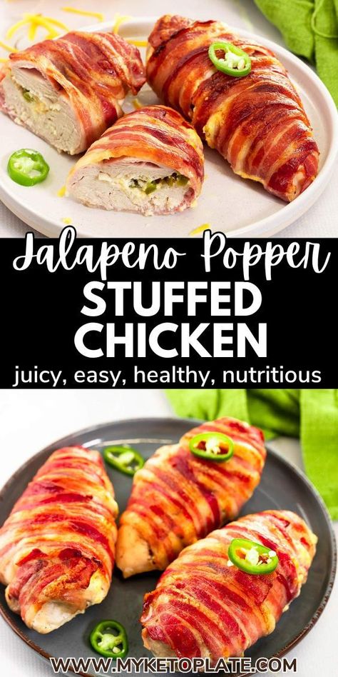 This jalapeno popper stuffed chicken is a quick, easy-to-make recipe loaded with a spicy cheese filling, wrapped in bacon, and baked until super crispy. The chicken is ultra juicy, making this recipe a crowd-pleaser. Made with only six ingredients, this delicious dish has just 3g net carbs per serving. Imagine a juicy chicken breast filled with creamy cheese and wrapped in crispy bacon—sounds delicious, right? Jalapeño Popper Stuffed Chicken, Jalapeno Popper Stuffed Chicken, Popper Stuffed Chicken, Bacon Wrapped Stuffed Chicken, Baked Stuffed Chicken, Chicken Breast With Bacon, Juicy Chicken Breast, Grilled Chicken Breast Recipes, Bacon Wrapped Chicken Breast