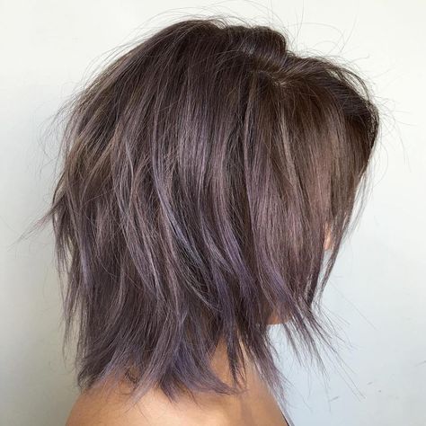 Brown Layered Bob With Purple Balayage Cute Medium Length Haircuts, Cute Medium Haircuts, Balayage Straight, Purple Balayage, Modern Shag Haircut, Choppy Bob Hairstyles, Modern Haircuts, Haircuts For Medium Hair, Mid Length Hair