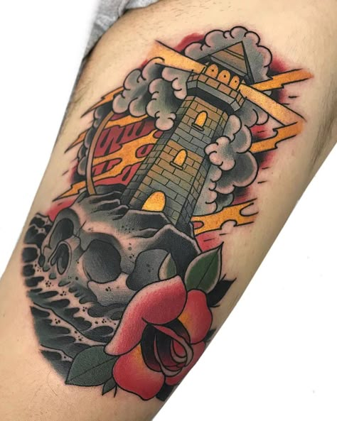 Tattoo artist Guindero Landscape Traditional Tattoo, Lighthouse Tattoo Neotraditional, Neo Traditional Lighthouse Tattoo, Lighthouse Traditional Tattoo, American Traditional Lighthouse Tattoo, Nautical Traditional Tattoo, American Traditional Lighthouse, Lighthouse Kraken, Color Traditional Tattoo