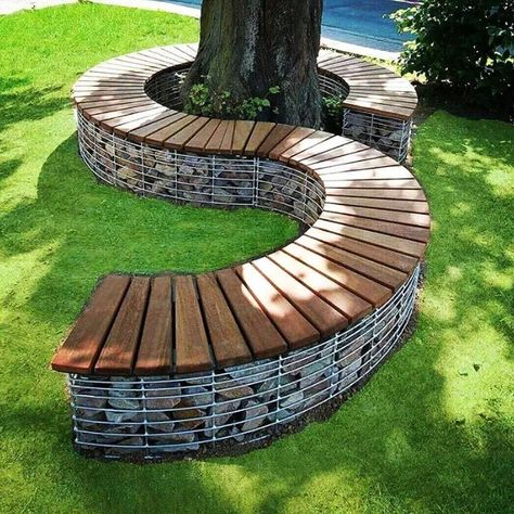 Bench Around Trees, Garden Hardscape, Tree Bench, Front Garden Design, Bottle Garden, Safari Lodge, Wooden Bench, Garden Bench, Garden Crafts