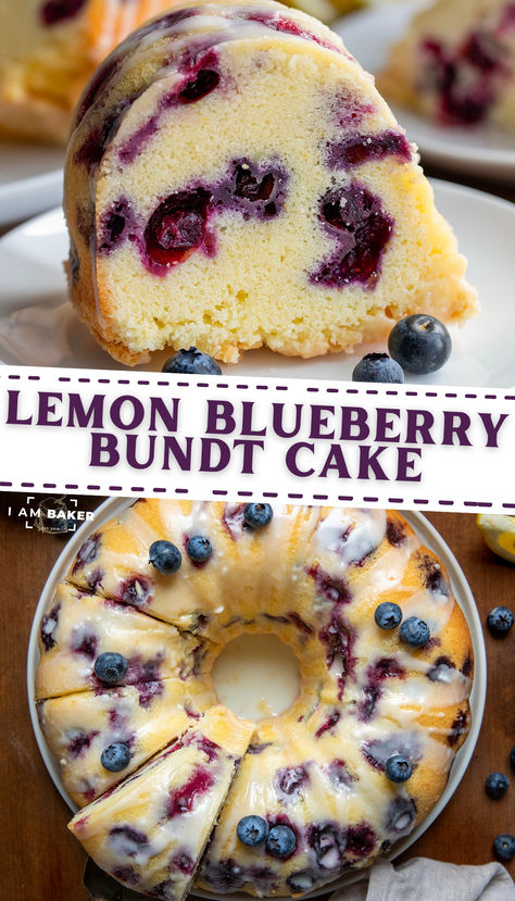 one image shows a slice of cake on a white plate, the second one shows a cake sliced on a white plate. Blueberry Lemon Bundt Cake, Blueberry Bundt Cake Recipes, Lemon Blueberry Bundt, Lemon Blueberry Pound Cake, Lemon Blueberry Bundt Cake, Blueberry Bundt, Lemon Bundt Cake Recipe, Blueberry Bundt Cake, Blueberry Pound Cake