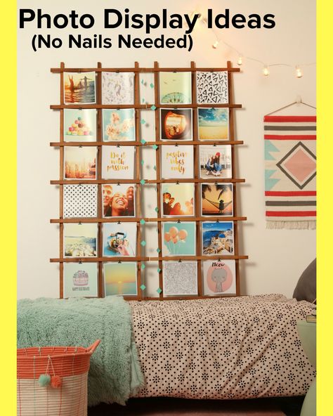 Also suggested: photo frames hung with S hooks so layout changed easier (trellis screwed into wall) Photo Display Ideas, Diy Photo Display, Display Photos, Photo Display, Inspiration Wall, Crafty Diy, Creative Home, Display Ideas, Simple Decor