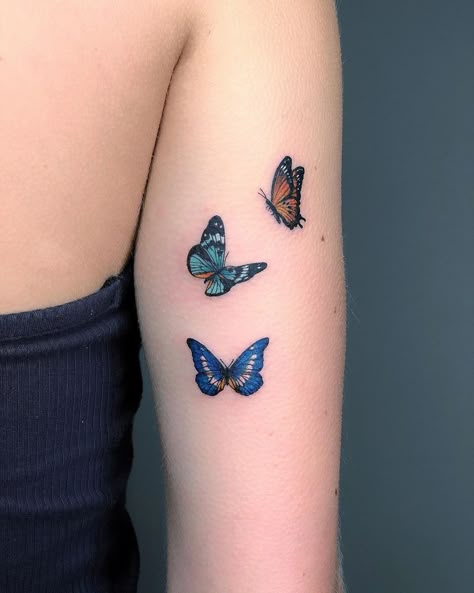 Gloria Zhang Tattoo on Instagram: “Tiny butterflies 🦋 🦋🦋” Multiple Butterflies Tattoo, Mosaic Butterfly Tattoo, Small Colour Butterfly Tattoo, Small Coloured Butterfly Tattoo, Colour Butterfly Tattoo, Half Colored Butterfly Tattoo, Pretty Butterfly Tattoo, Small Colourful Butterfly Tattoo, Blue Morpho Butterfly Tattoo