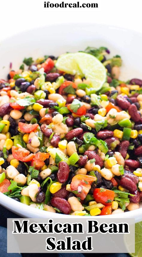 This Mexican Bean Salad recipe is quick and simple salad that is hearty, fresh and flavorful. Ready in 15 minutes, it’s a perfect addition to taco Tuesdays and gatherings! Mexican Potluck, Corn And Black Bean Salad, Mexican Bean Salad, 3 Bean Salad, Corn And Black Bean, Night Picnic, Bean Salad Recipe, Three Bean Salad, Vegetarian Salad Recipes