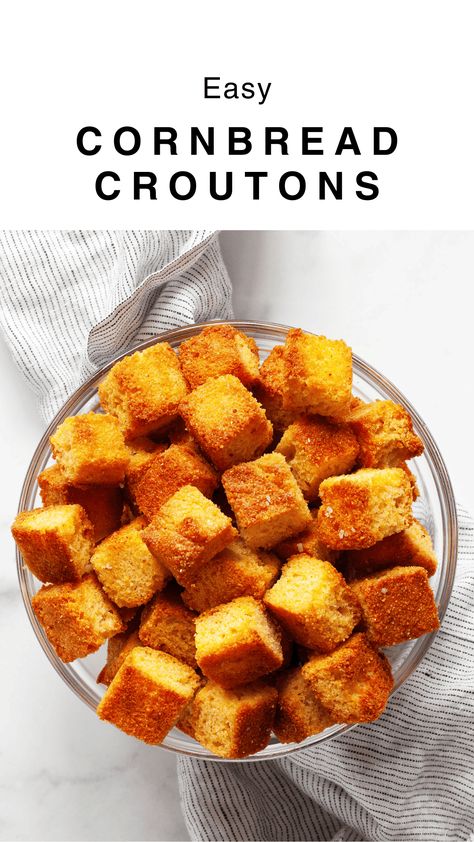 You can repurpose day-old cornbread to make these easy cornbread croutons. After they toast in the oven, they become golden brown and crisp. Then they are ready for you to toss them into salads or enjoy them as toppings for soups and chilis. Cornbread Croutons Pioneer Woman, Cornbread Crisps Recipe, Cornbread Croutons Recipes, Things To Make With Cornbread, Uses For Leftover Cornbread, Leftover Cornbread Recipes Ideas, Cornbread Leftovers Recipes, Leftover Cornbread What To Do With, Cornbread Crisps