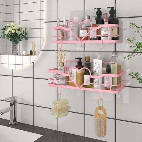 🩷 FLCITY Sweet Coquette Barbiecore Pink Heart Shower Caddy with 4 Hooks, 2pcs No Drilling Self Adhesive Shower Organizer Shelf, Stainless Steel Bathroom Shower Shelf, Rustproof Shower Rack for Bathroom, Kitchen, College Dorm, Bedroom, Storage, Click Link to Shop These :) Dorm Bathroom, Rack For Bathroom, Shower Rack, Pink Showers, Shower Shelf, Organizer Shelf, Shower Storage, Shower Organization, Shower Basket