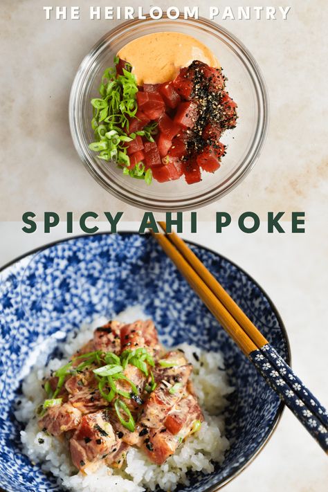 Spicy Ahi Poke is a light and refreshing recipe made with chunks of fresh sashimi-grade ahi tuna and a spicy Kewpie mayo sauce. Serve it on a bed of cooled Japanese rice and garnish with furikake and scallions for a delicious meal. Spicy Poke Sauce, Spicy Poke Recipe, Seared Ahi Tuna Poke Bowl, Spicy Ahi Poke Recipe, Spicy Tuna Poke Bowl Recipe, Ahi Tuna Poke Bowl With Ponzu Sauce, Spicy Ahi Poke, Ahi Tuna Poke Nachos, Spicy Ahi Poke Recipe Hawaii