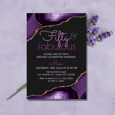 50 And Fabulous Party, Elegant Cake Design, 50th Birthday Invitation, Mommy Birthday, 50th Birthday Invitations, 50 And Fabulous, Fabulous Birthday, Elegant Cakes, Purple Agate