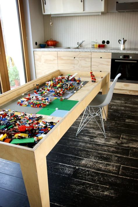 A Kitchen Table With a Surprising Storage Solution | Apartment Therapy Lego Play Table, Lego Tables, Table Lego, Kitchen Table With Storage, Lego Table, Lego Store, Lego Room, Lego Storage, Big Kitchen