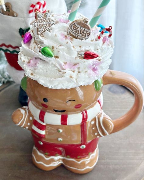 DIY Gingerbread Mugs with Faux Whipped Cream Toppers Mug Toppers Diy Christmas, Mug Toppers Diy, Hot Cocoa Station, Gingerbread Mug, Cocoa Station, Faux Whipped Cream, Mug Toppers, Diy Gingerbread, Mug Diy