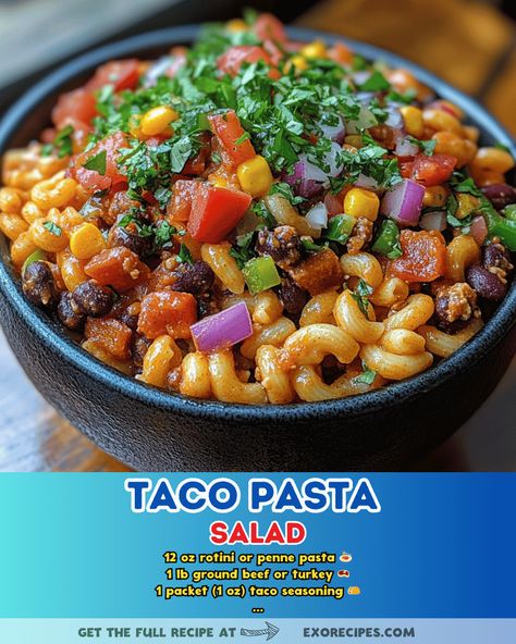 This refreshing Taco Pasta Salad recipe is perfect for summer gatherings! Packed with flavor and colorful veggies, it's a crowd-pleaser. #TacoPastaSalad #SummerRecipe #HealthyEating #EasyMealIdeas #DeliciousSalad Easy Taco Pasta, Taco Pasta Salad, Bacon Ranch Potatoes, Colorful Veggies, Homemade Garlic Butter, Spiral Pasta, Spicy Tacos, Greek Lemon Chicken, Vegetarian Tacos