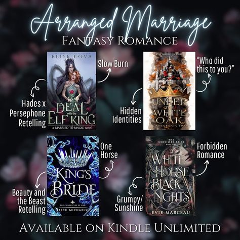 Arranged marriage has to be one of my favorite tropes in romantasy books. Mafia, too, now that I think about it. Especially when you combine it with enemies/rivals to lovers, forced proximity, etc. What’s an arranged marriage book that you loved? Any genre! All of these books are available now on KU! A Deal with the Elf King by @elise.kova Under the White Oak by @k.moore.author King’s Bride by @beck_michaels White Horse Black Nights by @eviemarceaubooks #bookrecommendations #fantasyro... A Deal With The Elf King, Arranged Marriage Books, Mafia Books, Favorite Tropes, Rivals To Lovers, Romantasy Books, Books Recs, Book Tropes, Books Fanart