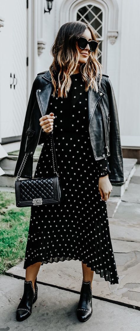 Dot Dress Outfit, Dress Leather Jacket, Outfit Leather Jacket, Leather Jacket Dress, Polka Dots Outfit, Dress Leather, Trendy Skirts, Leather Jacket Outfits, White Polka Dot Dress