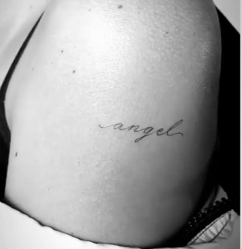 Tattoo For A Grandpa, Angel Tattoo For Women Word, Angel Tattoo Word Fonts, Angel Word Tattoo For Women, Pretty Word Tattoos, Angel Script Tattoo, Angel Cursive Tattoo, Fineline Angel Tattoo, Angel Font Tattoo