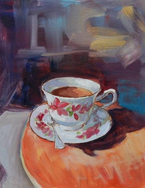 A Wise Woman Builds Her Home: In Case You Need a Friend Tea Cup Painting Canvas, Still Life Tea Cup, Kitchen Oil Painting, Painting Of Table, Cup Of Tea Painting, Tea Cup Painting, Tea Cup With Flowers, Teacup Painting, Painting For Kitchen