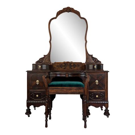 Offering a freshly refinished antique make-up vanity with a removable mirror and a matching bench. The vanity is constructed of solid wood (walnut/burl inlays) and has a total of six dovetailed drawers. The drawers are made of solid wood are in excellent working condition and have been cleaned and reconditioned. The vanity was stained using a mix of dark oil stains and sealed with a lacquer top coat. The sheen used is satin finish. The piece features a removable framed mirror with some signs of 1920s Vanity With Mirror, 1920s Mirror, Antique Makeup Vanity, Vintage Vanity Desk, 1920s Vanity, Dark Academia Vanity, Dark Wood Vanity, Antique Makeup Vanities, Gothic Vanity