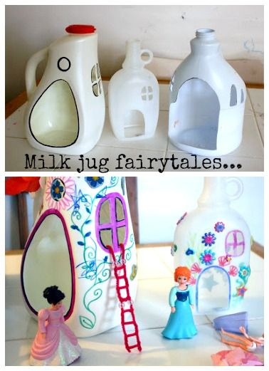 Upcycle: Milk Jug Wizardry! Fairy houses...these are awesome. They could be boy-critter houses :) Milk Jug Crafts, Diy Plastic Bottle, Diy Toddler, Fairy Garden Ideas, Plastic Bottle Crafts, Recycled Projects, Recycled Crafts, Fairy Houses, Fairy House