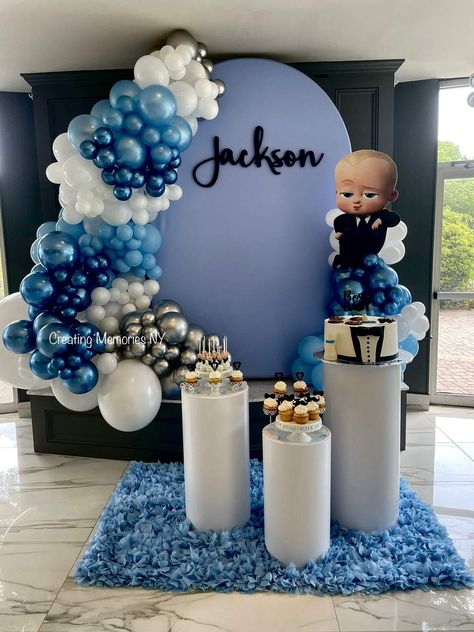 The Boss is here | CatchMyParty.com Baby Birthday Party Ideas, Boss Baby Birthday Party, First Birthday Decorations Boy, Bos Baby, Baby Birthday Party Theme, Cheap Wedding Centerpieces, Baby Party Decorations, Baby Backdrop