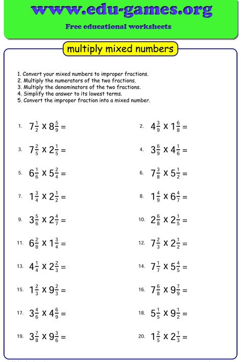 Free worksheets for practicing multiplication with mixed fractions. Multiplying Mixed Fractions, Multiply Mixed Numbers, Fraction Multiplication Worksheets, Multiplication Of Fractions, Mixed Numbers Worksheet, Mixed Fractions Worksheets, Multiplication Fractions, Division Facts Worksheets, Fraction Multiplication