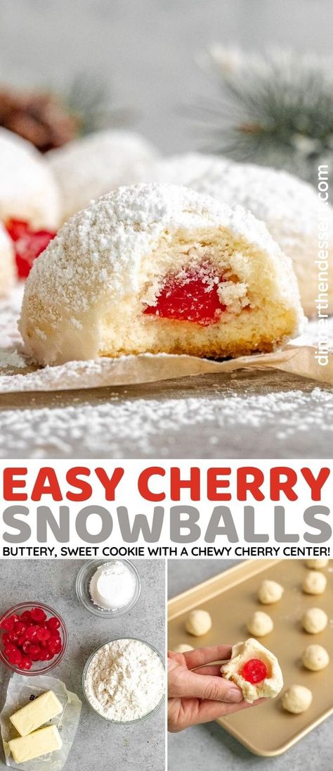 Cherry Snowballs are easy holiday cookies with only 4 ingredients! Buttery cookies with a maraschino cherry center rolled in powdered sugar. Maraschino Cherries Dessert, Pistachio Cherry Snowball Cookies, Cherry Tea Cakes, Christmas Cookies With Maraschino Cherries, Cherry Snowball Cookies Recipe, Cherry Bon Bon Cookies, Maraschino Cherry Cookies Recipes, Marchino Cherry Cookies, Cherry Garcia Cookies